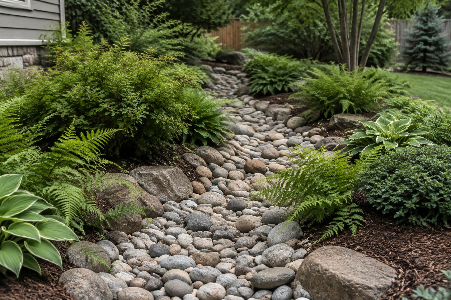 A dry creek bed of rounded river stone winding between plantings