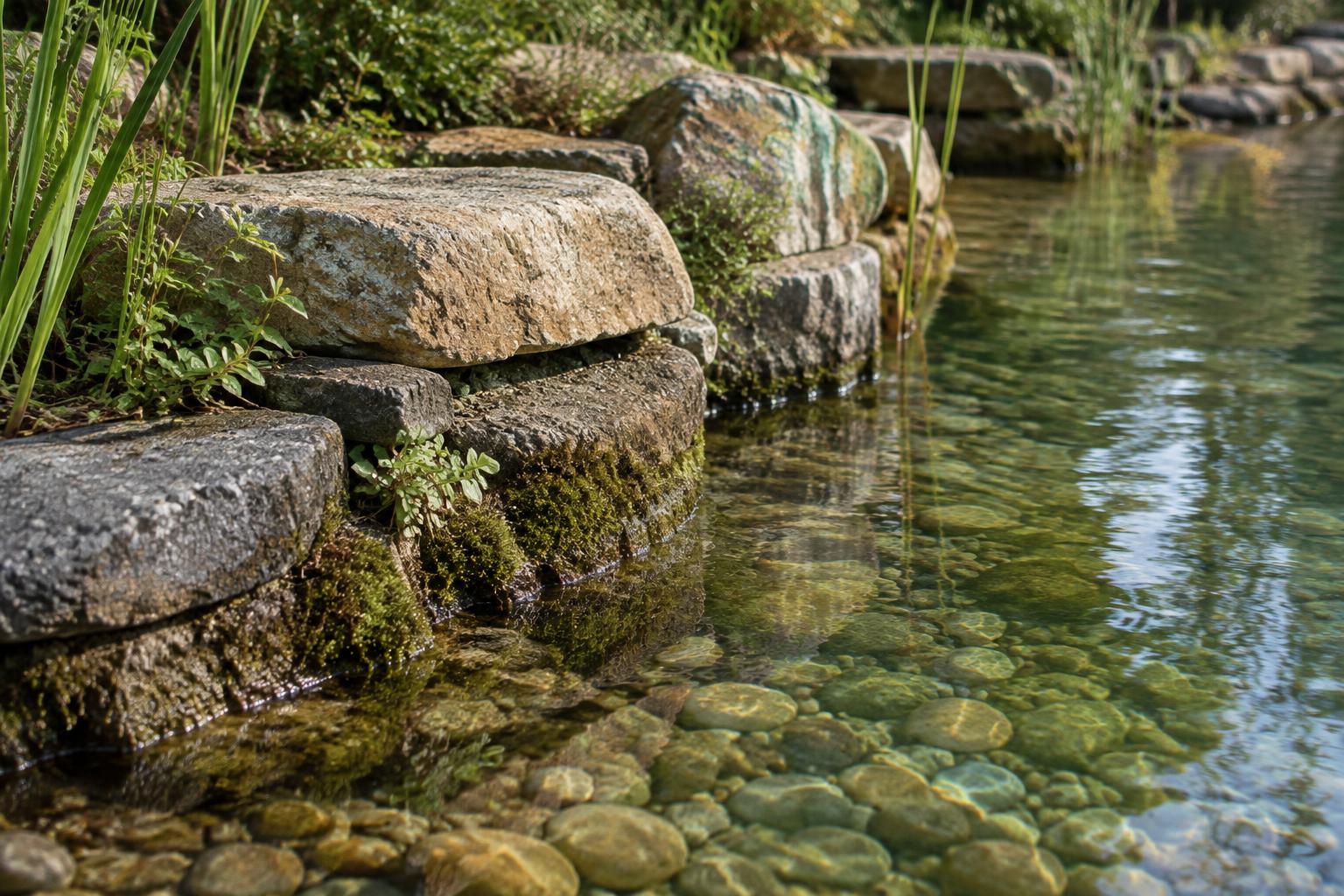 Stacked natural stone at the edge of clear shallow water over a pebble bottom