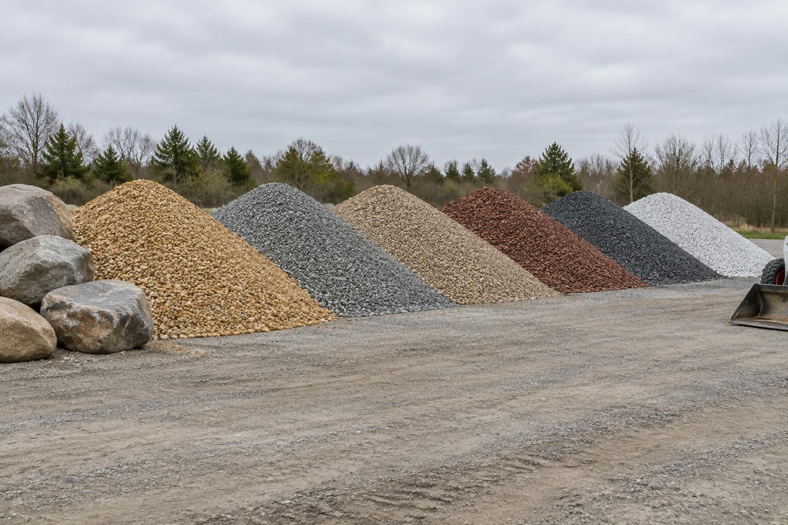 Separated conical piles of colored decorative gravel and stone in a supplier yard